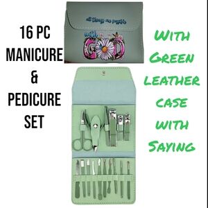 Green 16 pc Manicure and Pedicure Set with Case With Saying